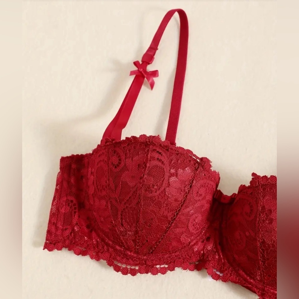 New 3 piece lingerie set, sexy burgundy underwire bra, garter and panty - Picture 2 of 6